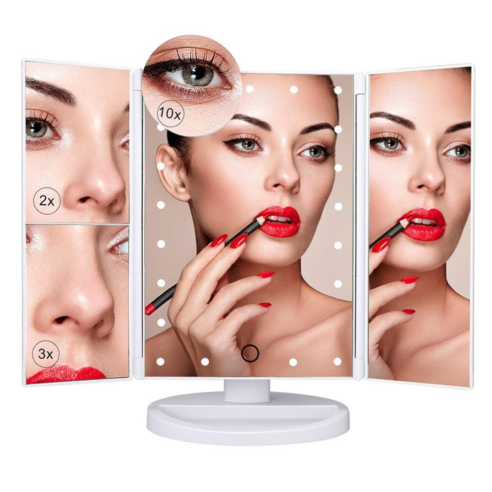 Nestling Makeup Mirror with LED Lights, 21 LED Lights Vanity Cosmetic Mirror with Touch Screen, Magnification Tri-Fold 2X 3X 10X Magnifying, 180 Fre