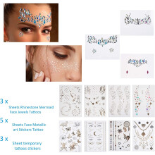 Kare & Kind Tijdelijke Flash Stickers (3 vellen), Gezicht Metallic Tattoo (5 vellen), Riemsteen Zeemeermin Gezichtsjuwelen (3 vellen) - Waterproof