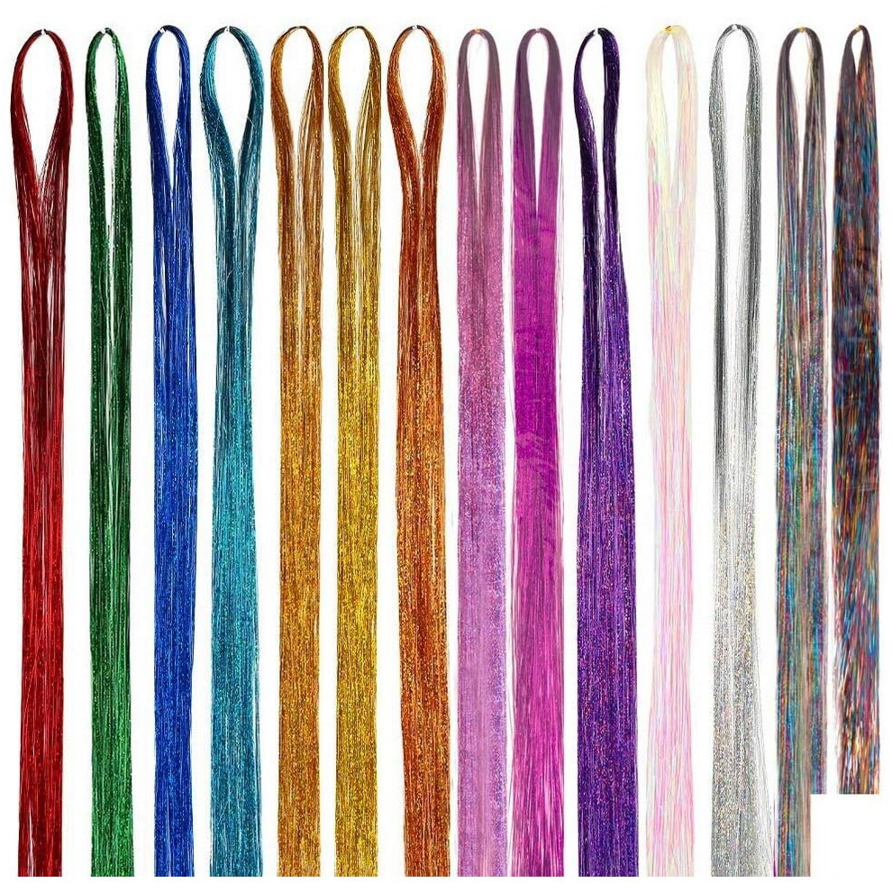 Nuoshen 14 Pcs Colorful Straight Hair Extensions, 2100 Strands Hair Tinsel Colored Clip In Hair Extensions Rainbow Straight Heat-Resistant Synthetic
