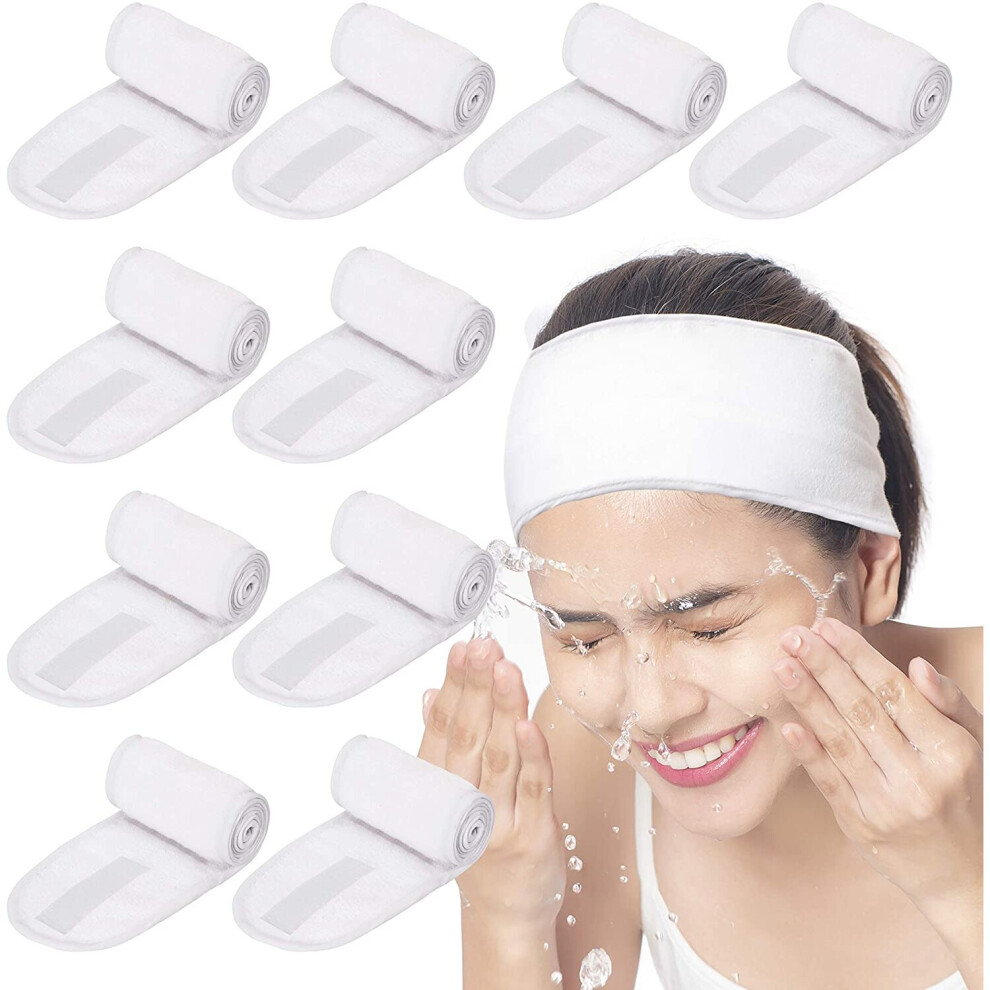 Belle Vous Spa Headbands (10 Pack) - White Adjustable Terry Cloth Hair Wrap - Non-Slip Washable Makeup Headband for Spa Uses and Beauty Salon