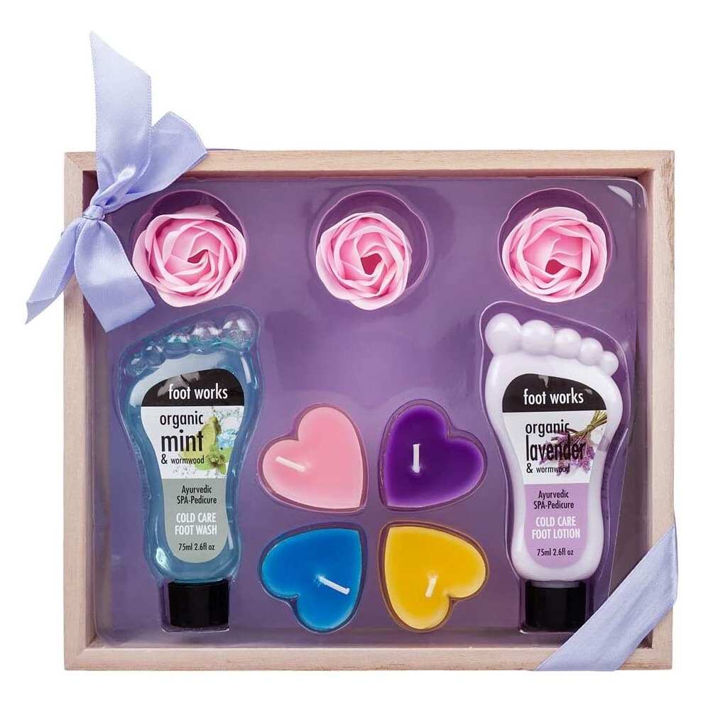 9 Piece Attractive Organic Mint & Wormwood Ladies Foot Wooden Gift Set Box - Includes Foot Lotion, Foot Wash, Soap Flowers and Candles