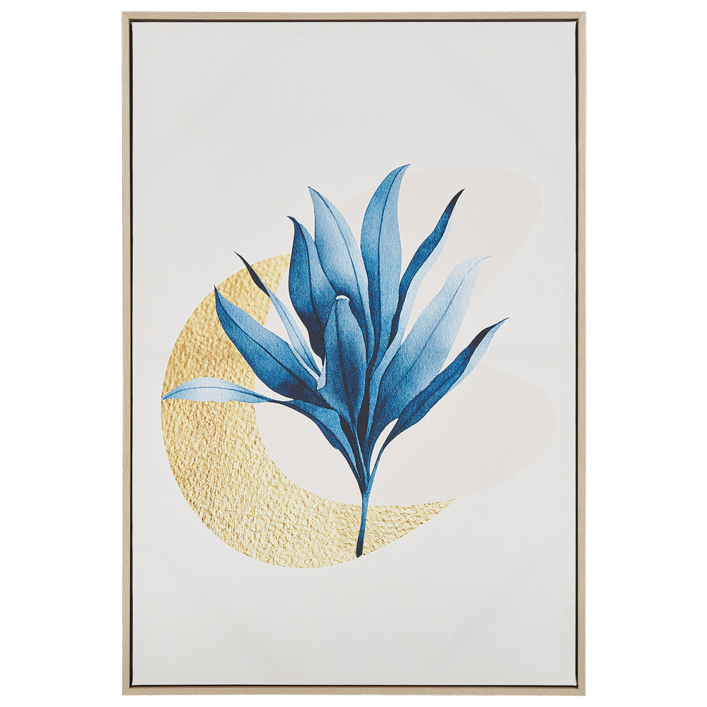 Floral Motif Framed Canvas Wall Art 63 x 93 cm Beige and Blue CORVARO