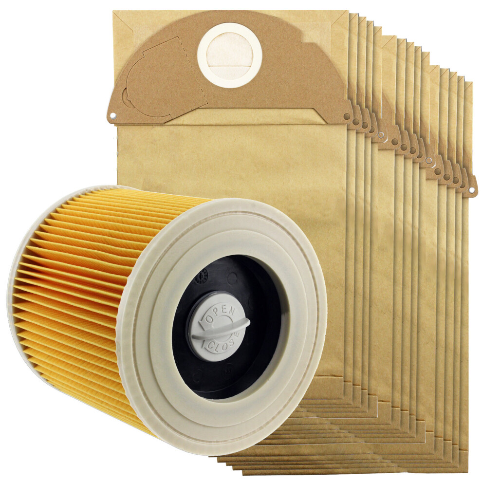 SPARES2GO Hoover Filter Bags Set for KARCHER IPX4 MV2 WD2 Wet & Dry Vacuum (Pack of 15 Dust Bags + 1 Filter))