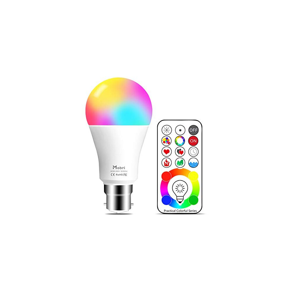 Mobri B22 LED Colour Changing Light Bulbs with Remote Control, 75 Watt Equivalent Bayonet Dimmable Colour Bulbs with Timing, Memory & Sync, 120 Multi