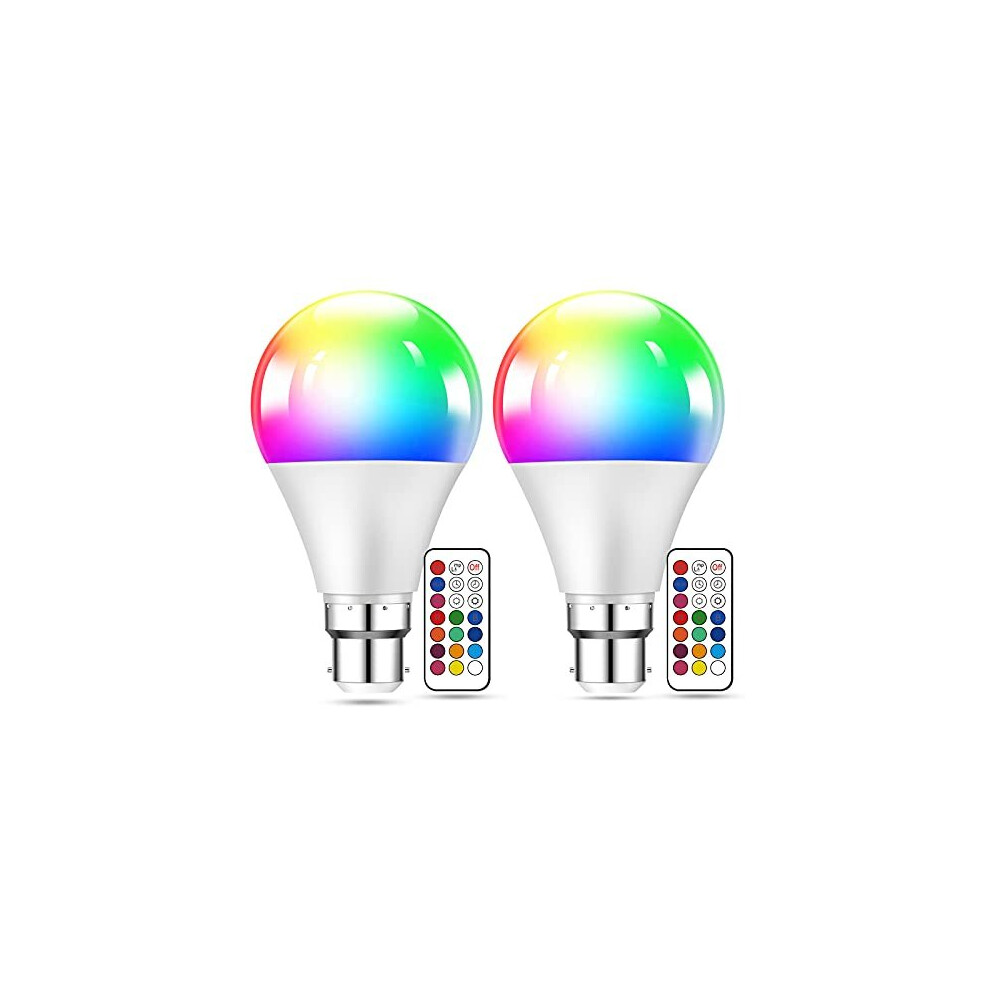 Colour Changing Light Bulb, [2 Pack] B22 10W RGBW LED Colour Bulbs with Remote Control, 12 Dimmable Colours, 2 Dynamic Modes & Timer Settings, Colour