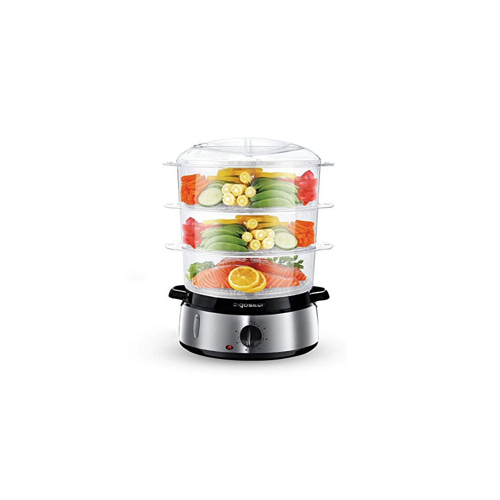 Aigostar 3 Tier Food Steamer, Electric Vegetable Steamer with BPA Free Baskets and Rice Bowl, 9 Litre, Stainless Steel Base, 800W, Energy Saving, Silv