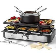 Salter EK4513 Electric 2 in 1 Raclette Grill & Fondue Set, 1400 W, 1.3 L Pot, 8 Non-Stick Pans & Wooden Spatulas, 6 Fondue Forks, Adjustable Temperat
