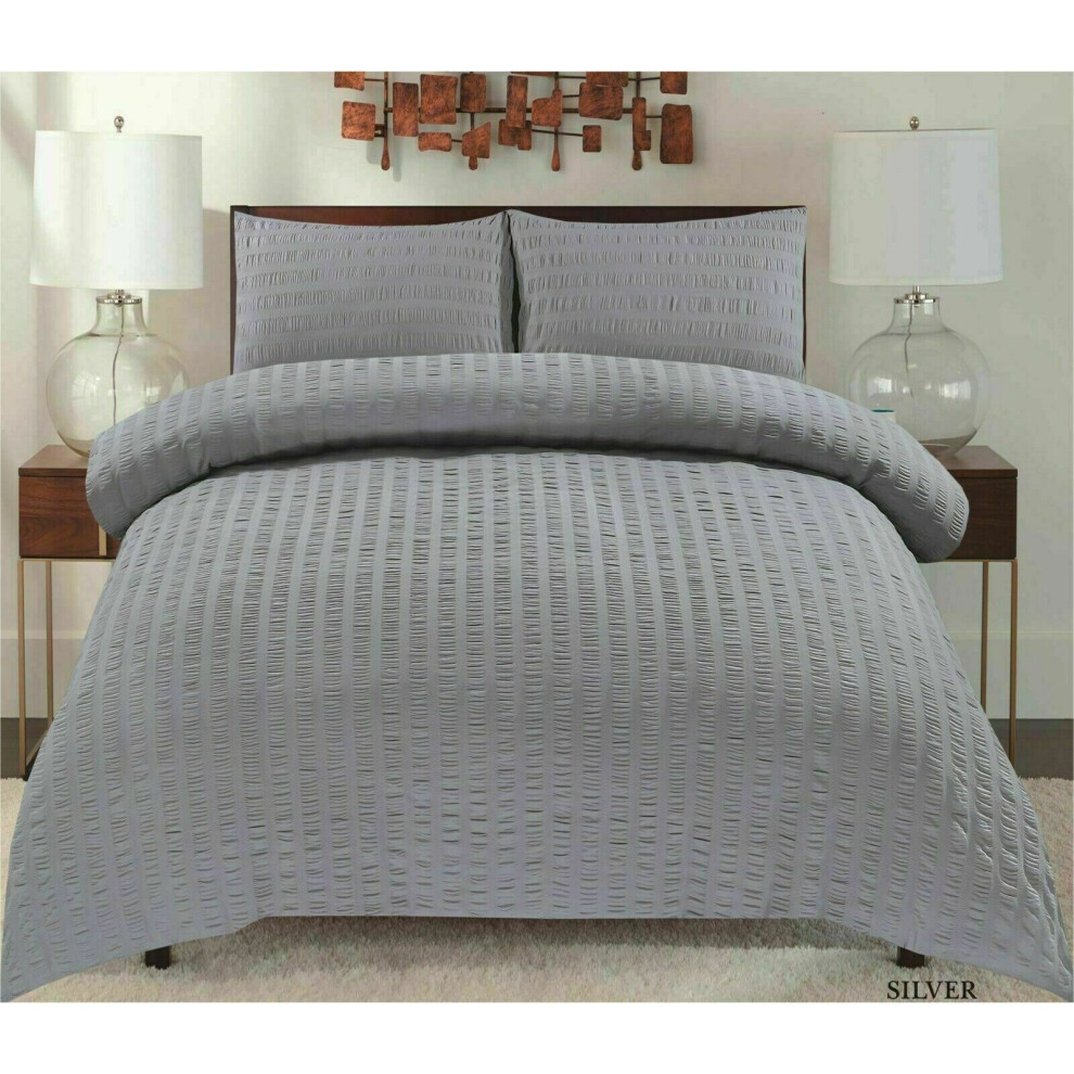 (Super-King, Silver ) Seersucker Duvet Quilt Cover & Pillowcase Set