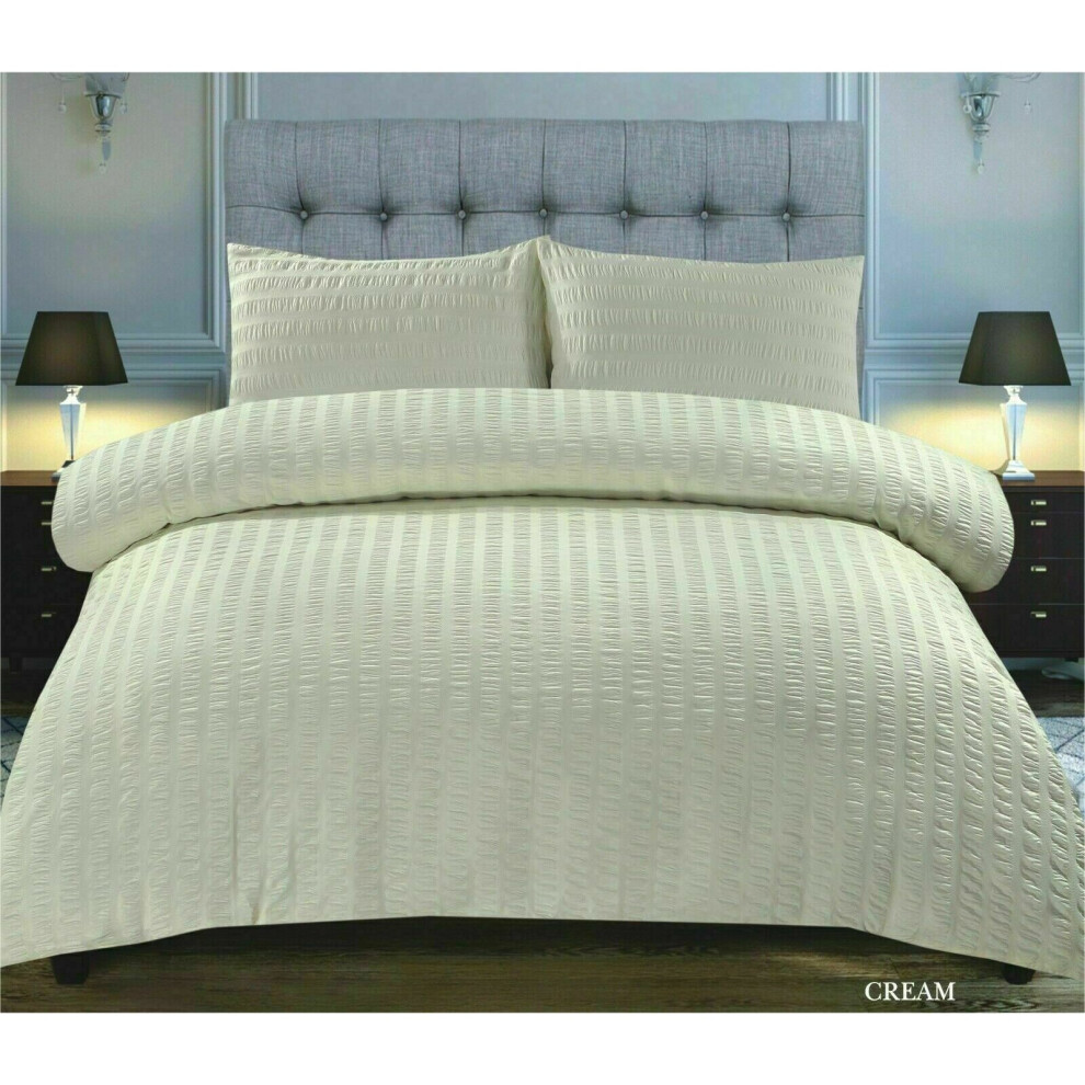 (Single, Cream) Seersucker Duvet Quilt Cover & Pillowcase Set