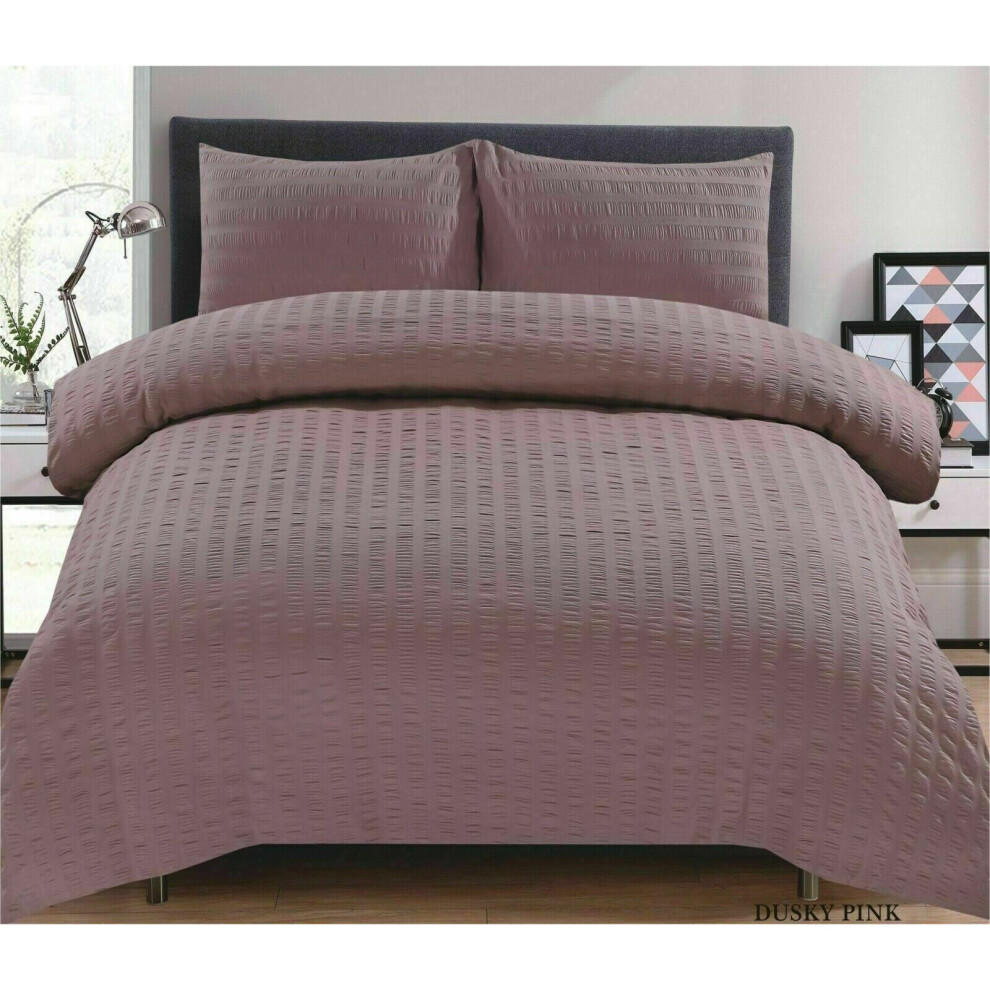 (Double, Dusky Pink ) Seersucker Duvet Quilt Cover & Pillowcase Set