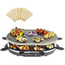 Andrew James Electric Raclette Hotplate Party Grill Machine | Oval Stone Hot Plate | 8 Fondue Cheese Pans and Wooden Spatulas Set | Great for Indoor T