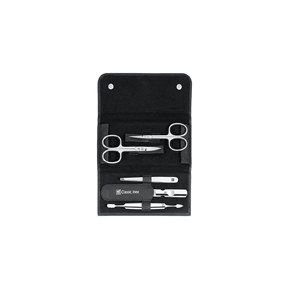 Zwilling Classic Inox Manicure And Pedicure Set Nail Care Real Leather With Push Button 5 Pieces Black