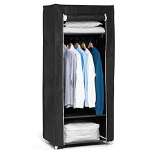 Hododou Portable Wardrobe Single Canvas Wardrobe Cupboard Clothes Storage Organizer with Hanging Rail Foldable Closet for Clothes, Bags, Toys, Shoes,