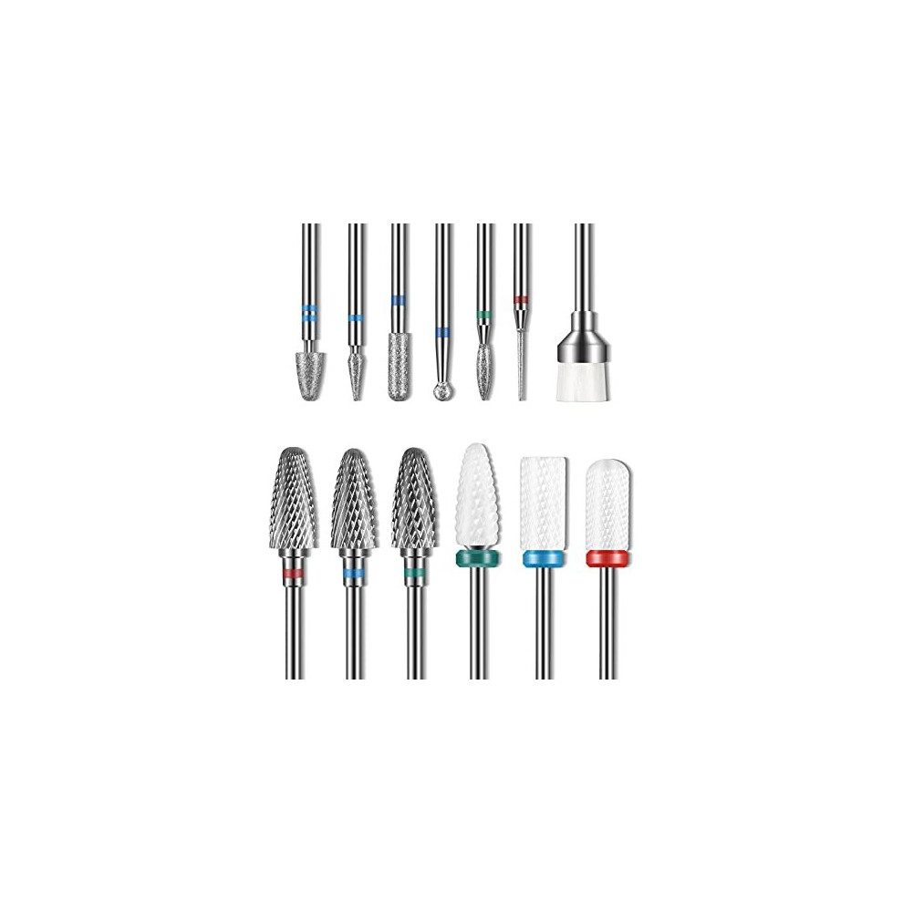 13PC Nail Drill Bits Set, Drill Bits for Nails, 3pcs Tungsten Carbide Drill Bits+ 3pcs Ceramic Efile Nail Drill Bits+ 6pcs Diamond Drill Bits+ 1pcs Br