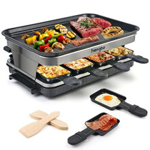 Raclette Grill for 8 - 1500W Indoor Dual-Surface with Ridged Grill and Non-Stick Plate, 8 Pans, Fat-Drip Tray