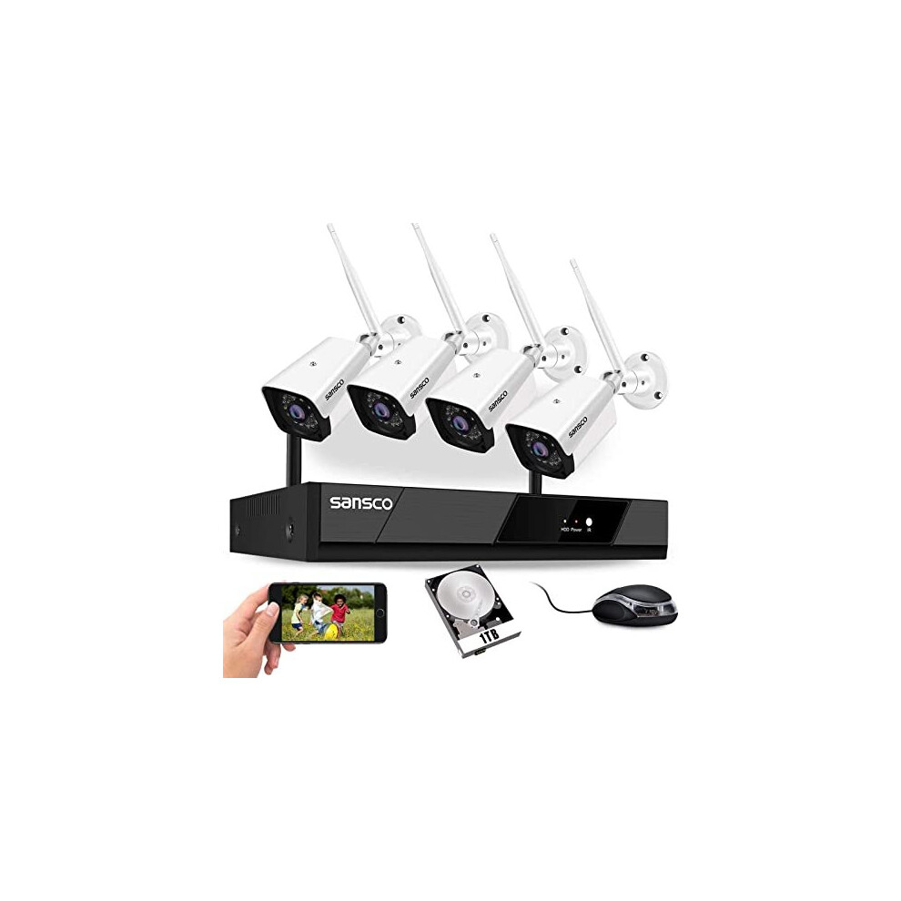 [8CH Expandable, Audio] SANSCO 3MP WiFi CCTV Security Camera System with 1TB Hard Drive for 24/7 Recording, 2K 5MP NVR and (4) HD Outdoor Wireless Bul