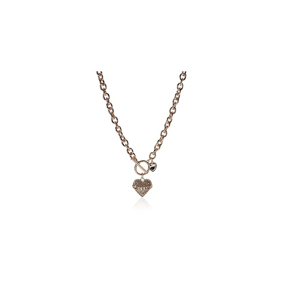 GUESS Women's Pave Heart with Logo Banner Pendant Toggle Necklace