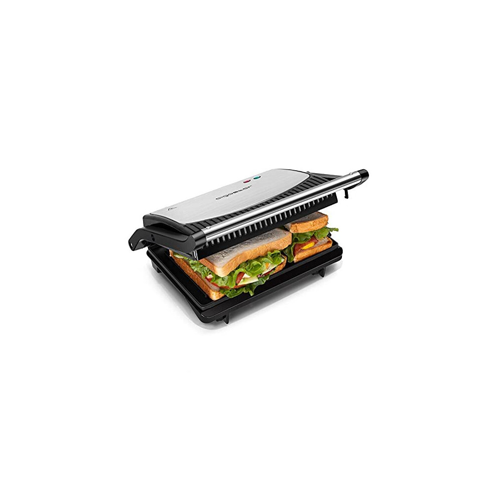 Aigostar Sandwich/Panini Press, 800W 1-2 Slice Non-Stick Plates Sandwich Toaster Maker, 180 Flat Open Electric Health Grill, Stainless Steel, Tempera