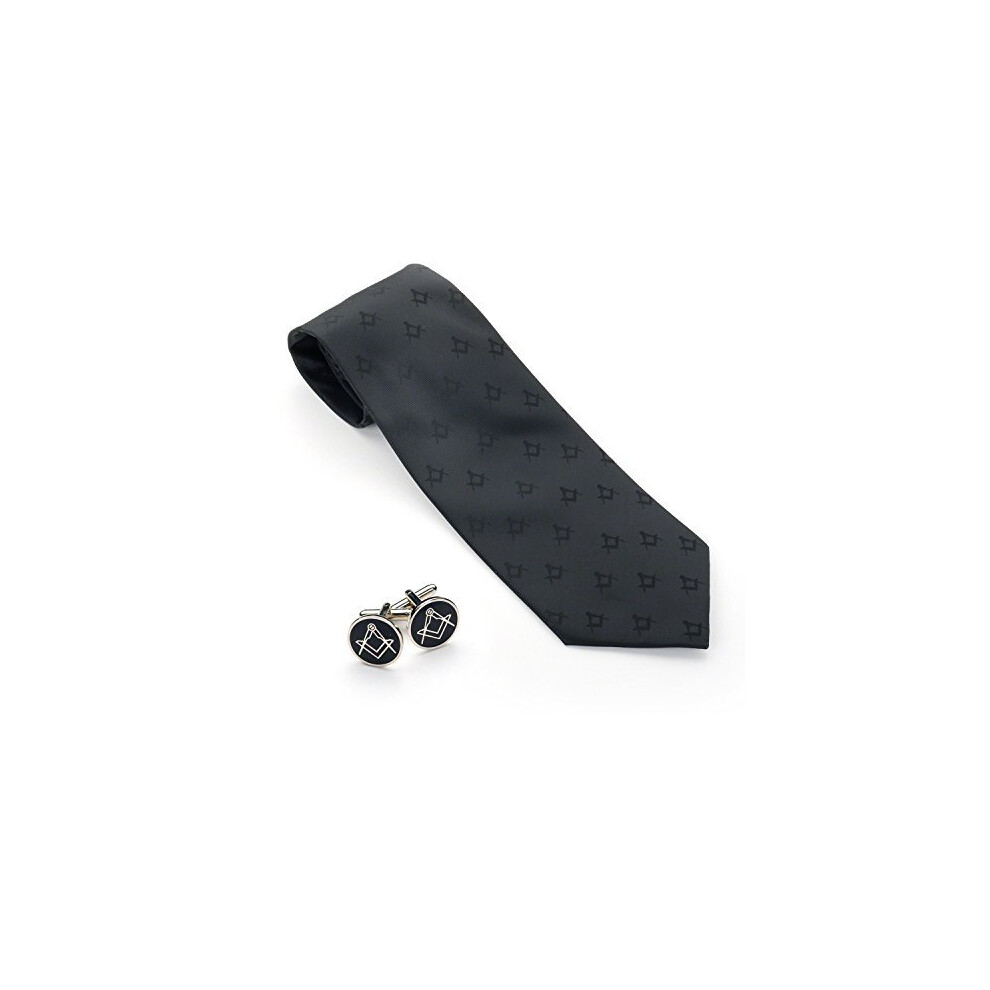 THE MASONIC COLLECTION - Masonic Black Tie and Cufflinks - 100% Poly Woven Craft with Sq & Compass Design