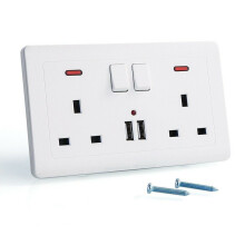2-Gang 13A USB Wall Socket Plate (UK Plug) - White, Fireproof PC, 2 USB Charging Ports
