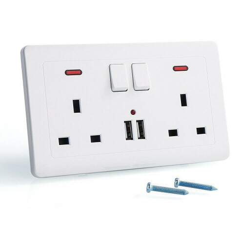 2-Gang 13A USB Wall Socket Plate (UK Plug) - White, Fireproof PC, 2 USB Charging Ports