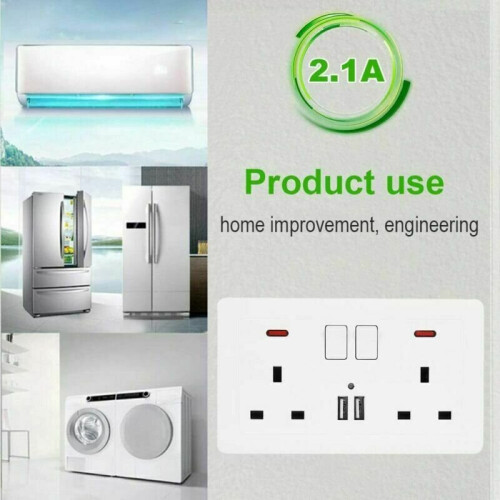 2-Gang 13A USB Wall Socket Plate (UK Plug) - White, Fireproof PC, 2 USB Charging Ports 2