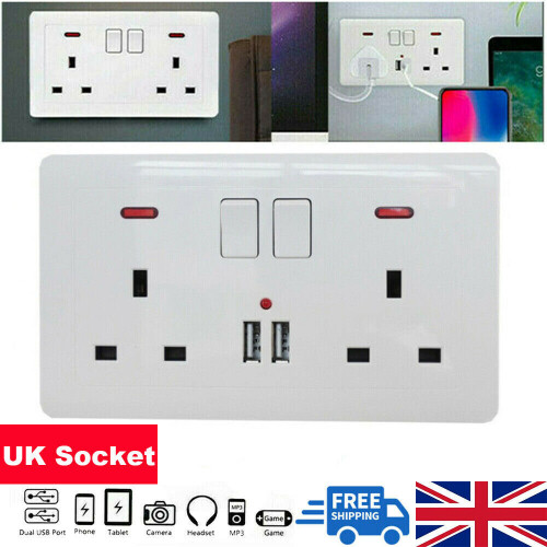 Double Wall Plug Socket 2 Gang 13A with 2 USB Charger Port Outlets UK