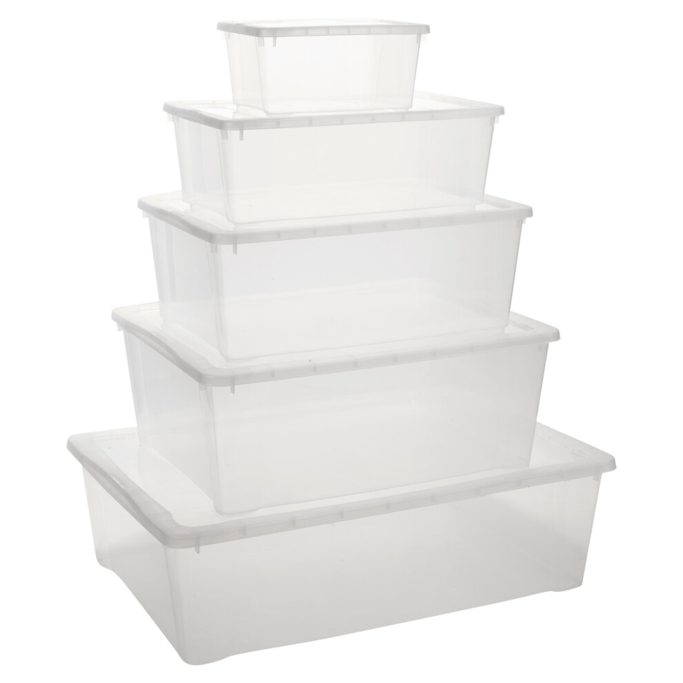 (5, Size 2 - 33 x 19.5 x 11) Plastic Stackable Storage Boxes + Lids Containers