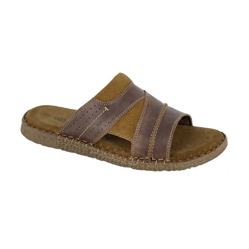 Roamers (8 Uk) Open Toe Mens Waxy Leather/Suede Mule Sandal Brown