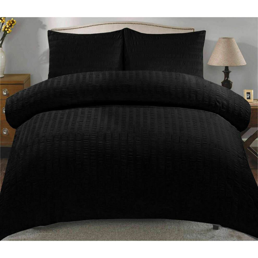 (Black, King) Seersucker Duvet Cover & Pillowcase Set