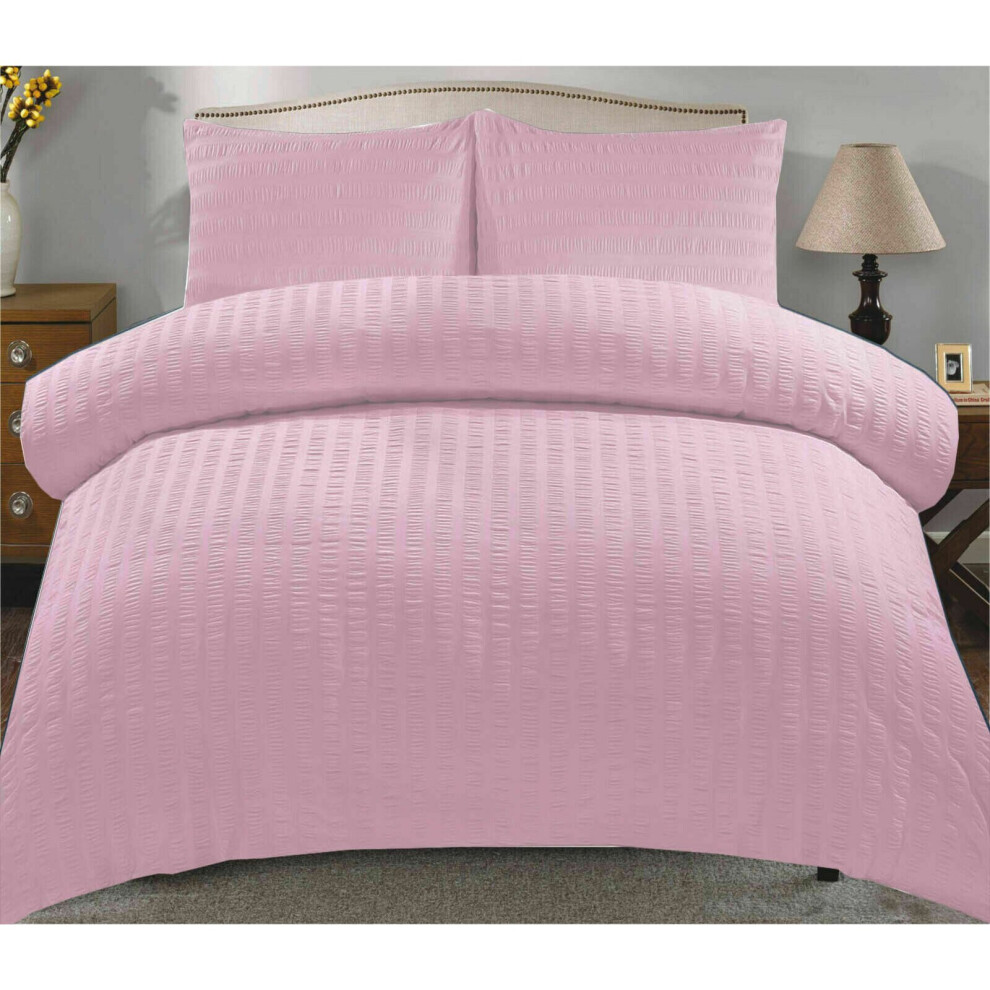 (Pink, Double) Seersucker Duvet Cover & Pillowcase Set