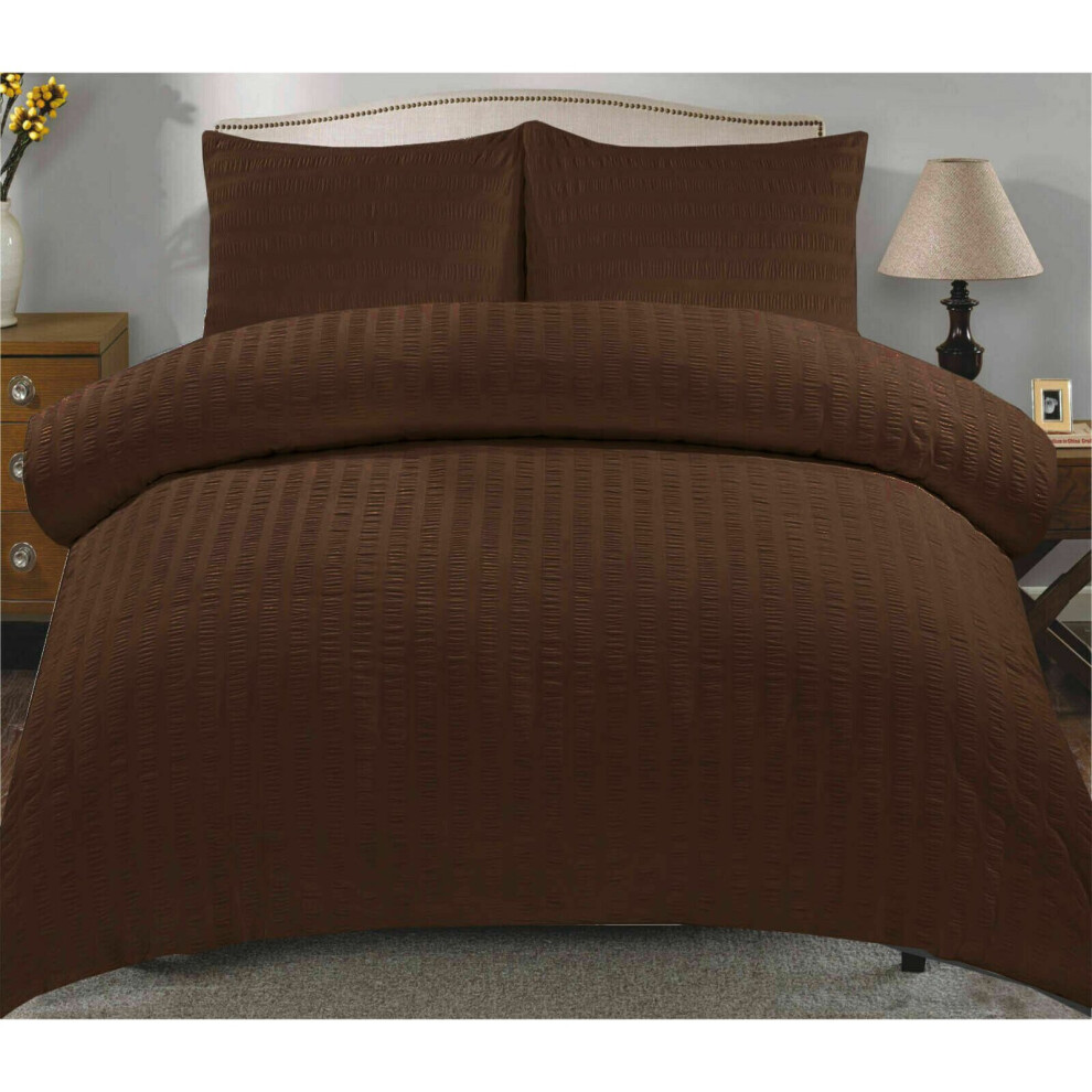 (Brown, King) Seersucker Duvet Cover & Pillowcase Set