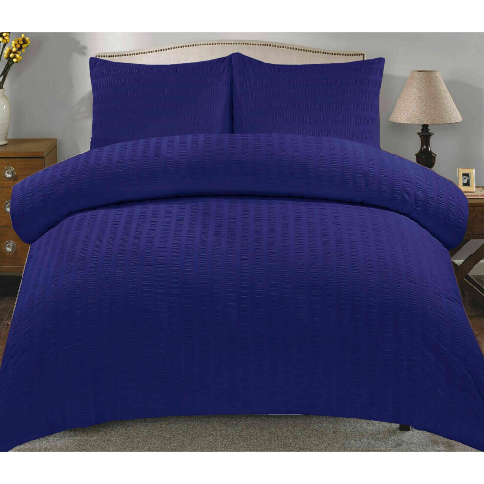 (Royal Blue, Double) Seersucker Duvet Cover & Pillowcase Set