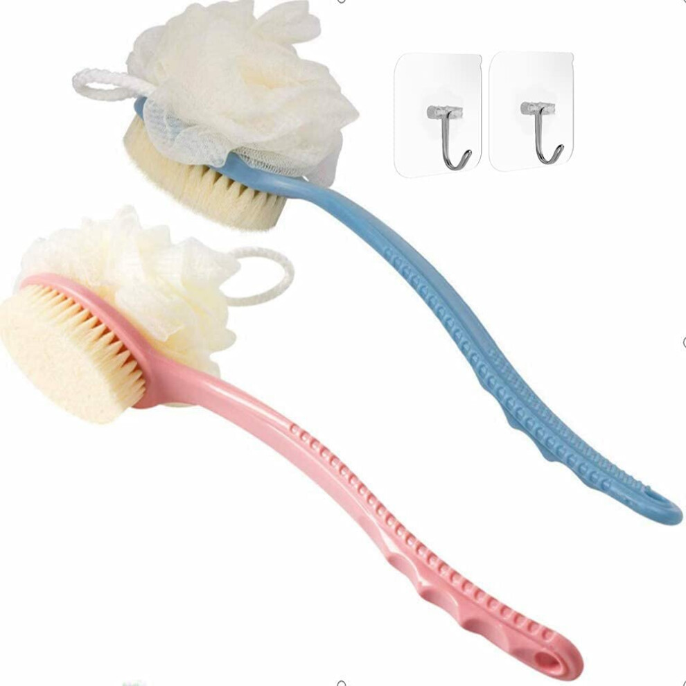 2 Pack Shower Body Brushes with Bristles and Loofah, Back Scrubbers Bath Mesh Sponge with Curved Long Handle for Exfoliating Skin, Massage Bristles