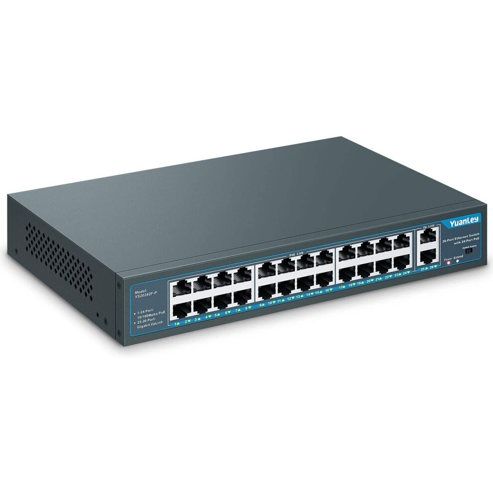 Yuanley 26 Port Poe Switch, 24 Poe+ Port 100Mbps, 2 Uplink Gigabit, 802.3Af/At 400W High Power, Rackmount Unmanaged Plug And Play 786118199811