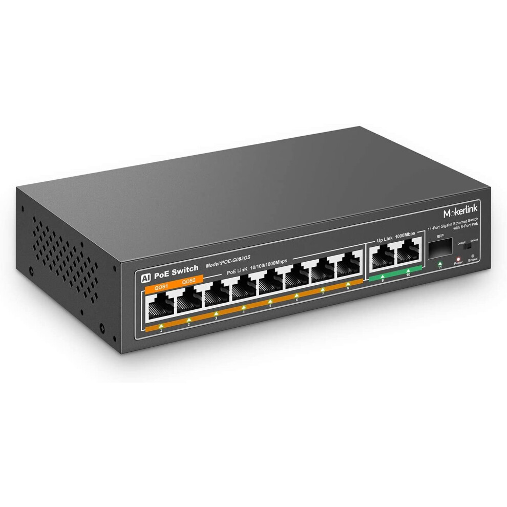 Photos - Switch MokerLink 11 Port Gigabit PoE  with 8 PoE+ Port, 2 Gigabit Uplink, 1 SFP Port, 120W AI Detection, Qos, Fanless Metal P