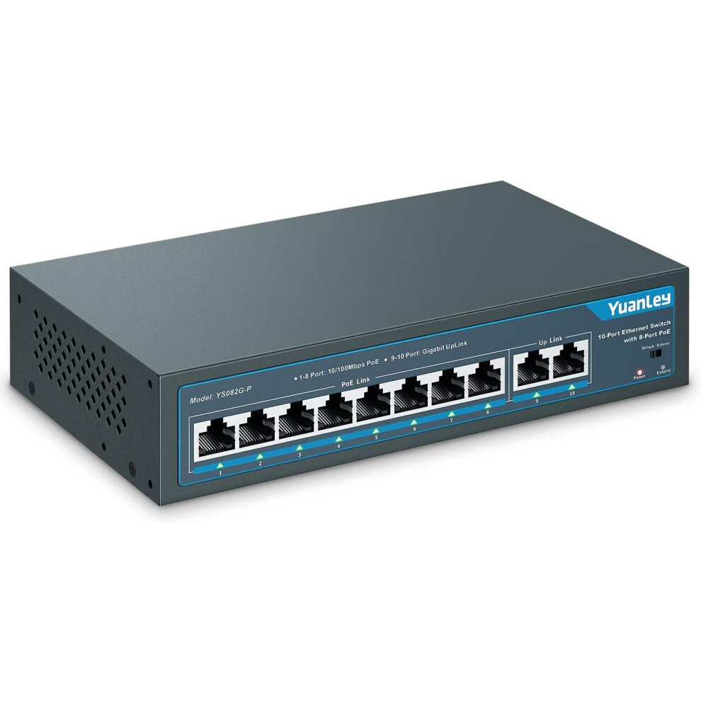 Yuanley 10 Port Poe Switch, 8 Poe+ Port 100Mbps, 2 Uplink Gigabit, 120W 802.3Af/At, Extend Function, Metal Fanless Unmanaged 786118199798