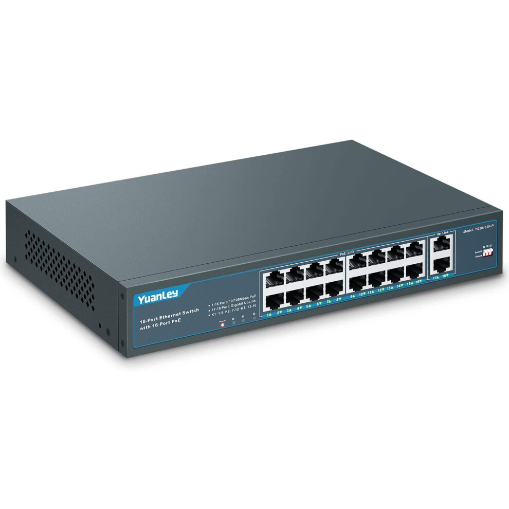 Yuanley 18 Port Poe Switch, 16 Poe+ Port 100Mbps, 2 Uplink Gigabit, 250W Built-In Power, 802.3Af/At, Rackmount Unmanaged Plug And Play 786118199804