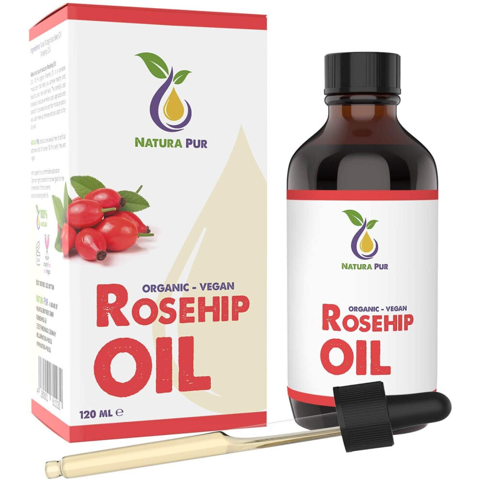 Natura Pur Rosehip Oil Organic (Wild Rose Seed Oil) 120Ml - 100% Cold Pressed, Unrefined, Vegan - Anti-Aging Serum For Face, Body, Hair, Skin, Hands