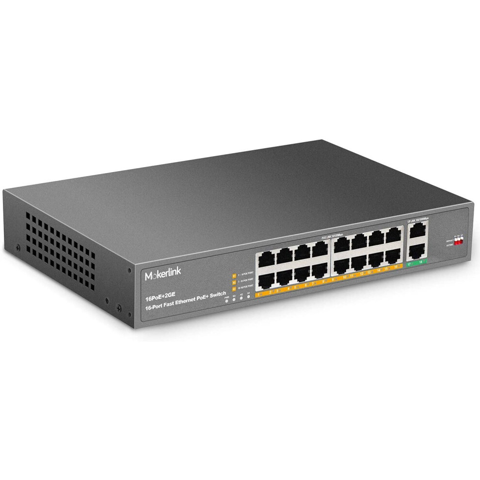 Mokerlink 18 Port Poe Switch,16 Poe+ Port 100Mbps, 2 Gigabit Uplink, 250W High Power, Support Ieee802.3af/At, Rackmount Unmanaged Plug And Play 709046764227