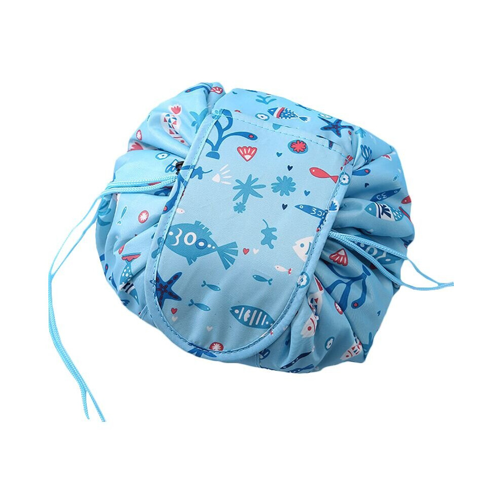 (Blue) Lazy Drawstring Make up Bag Portable Large Travel Cosmetic Bag