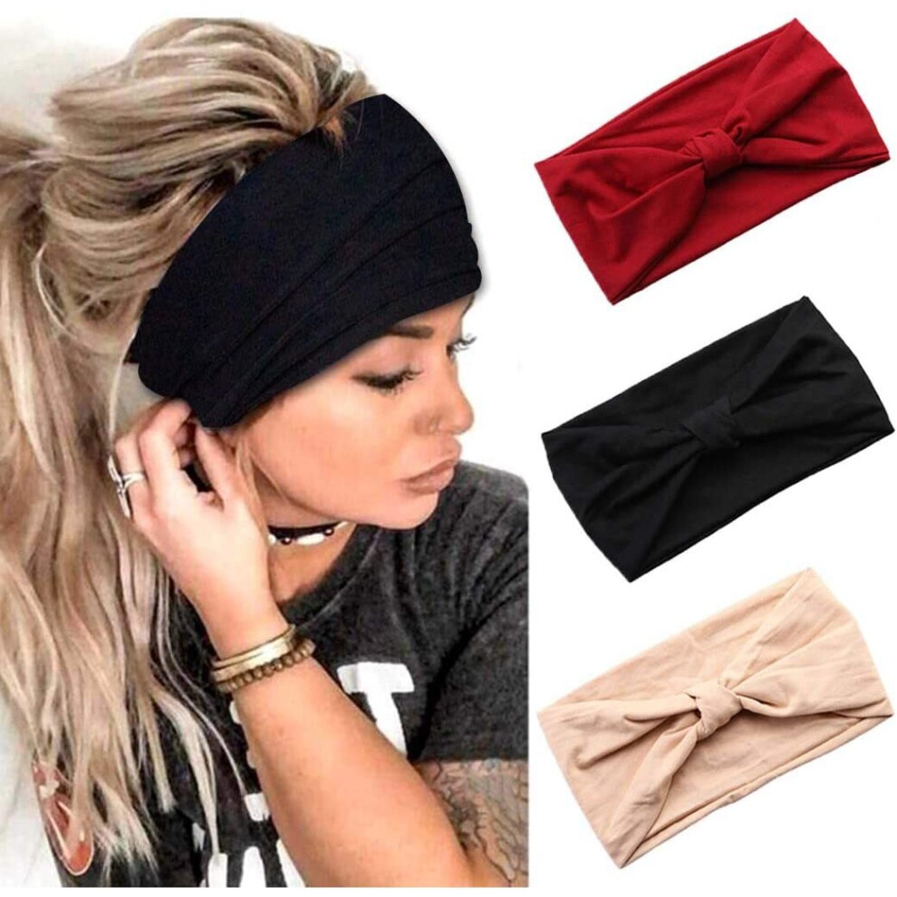 Fashband Boho Wide Headbands Knot Hair Bands Elastic Stretchy Yoga Head Wraps Outdoor Head Scarf Hair Accessories for Women Girls (Pack of 3)