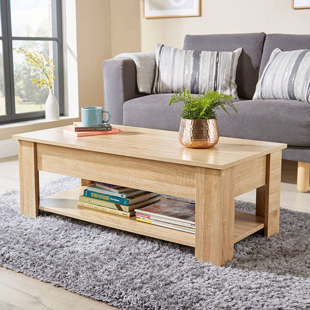 (Oak) Lift Up Top Coffee Table Storage Area Magazine Shelf