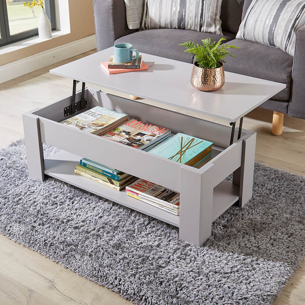 (Grey) Lift Up Top Coffee Table Storage Area Magazine Shelf