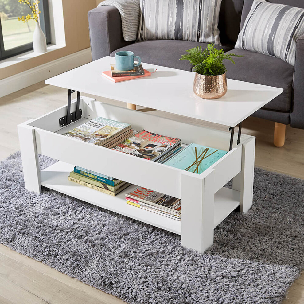 (White) Lift Up Top Coffee Table Storage Area Magazine Shelf