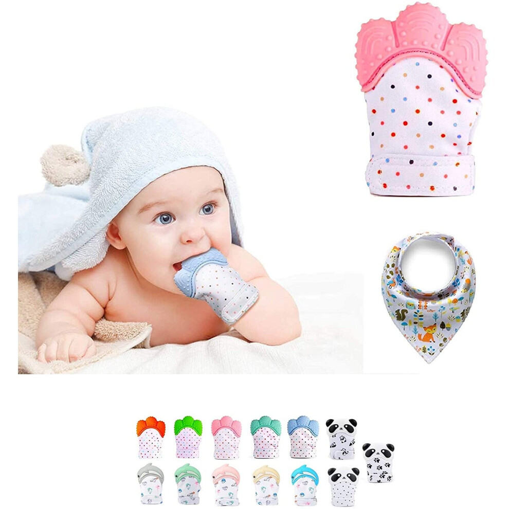 (Pink) Silicone Teether Mitten, Self-Soothing Pain Relief Pink Funky Planet