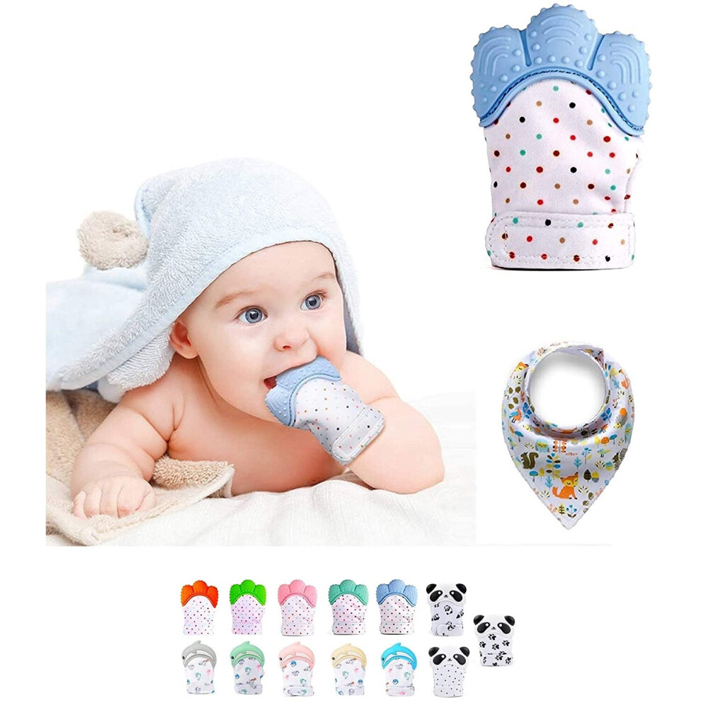 (Blue) Silicone Teether Mitten, Self-Soothing Pain Relief Blue Funky Planet