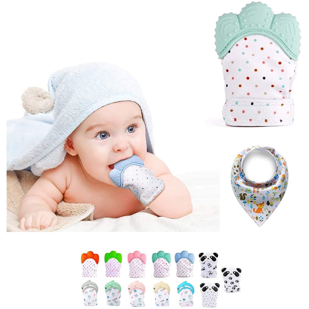 (Mint ) Silicone Teether Mitten, Self-Soothing Pain Relief Green Funky Planet