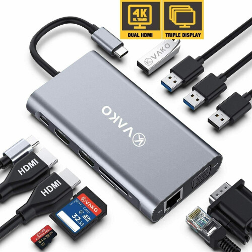12 Ports Docking Station USB C Hub Triple-Display USB C Adapter