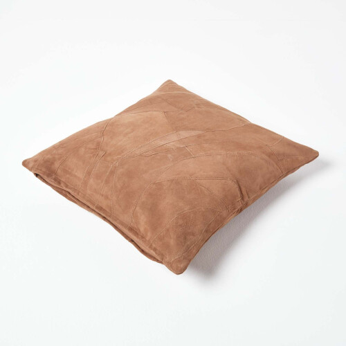 Homescapes (Tan) Real Leather Suede Cushion with Feather Filling 2